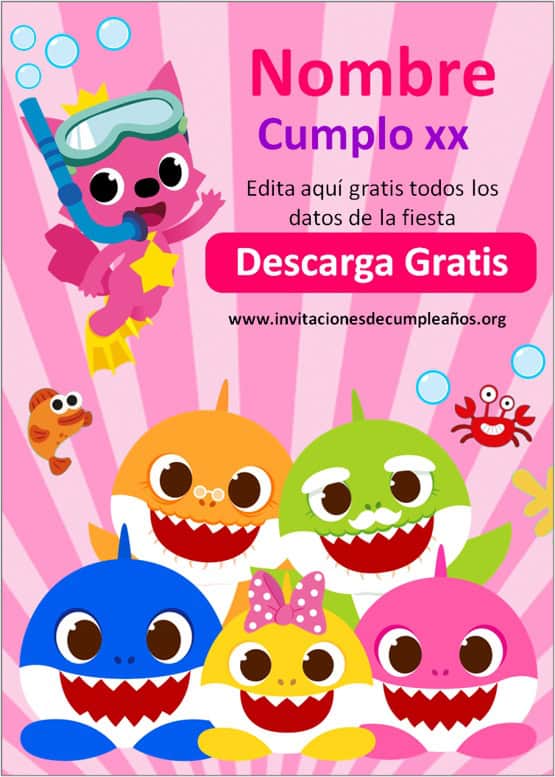 Invitaciones de cumpleaños de Baby Shark editables para niña DIY